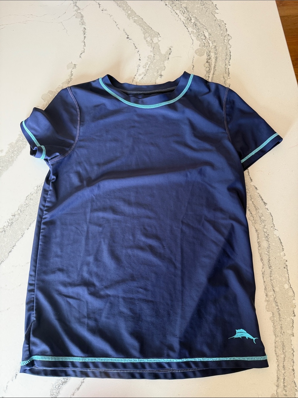 Tommy Bahama Kids Navy Blue Short Sleeve Rash Guard with Teal Trim- Size 10/12